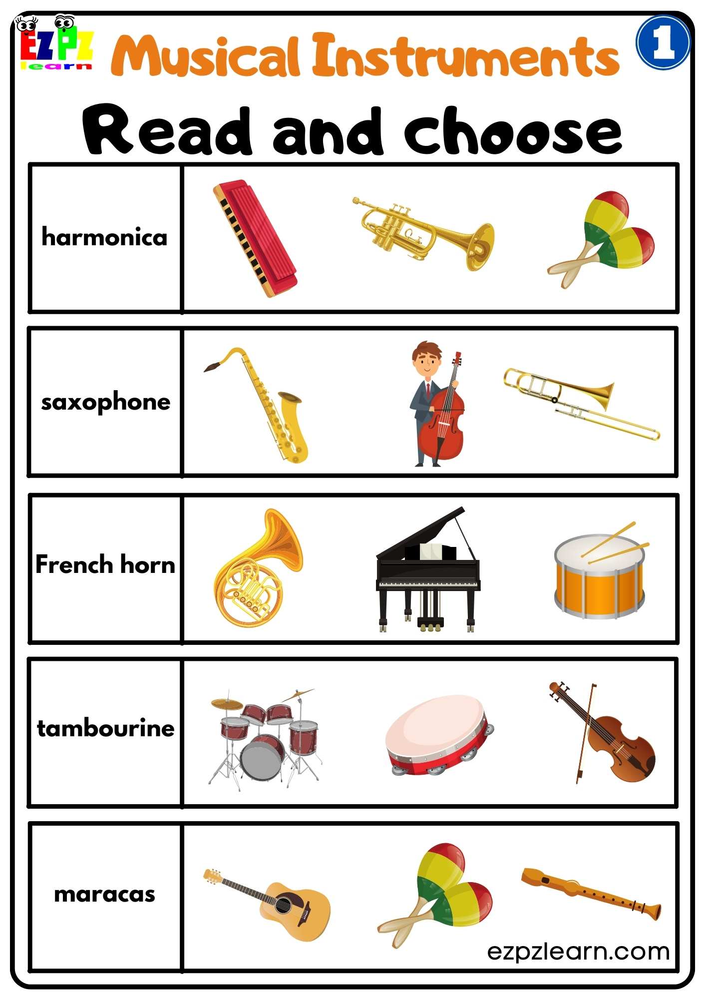 Group One Musical Instruments Read and Choose Worksheet Free PDF